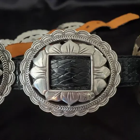 Vintage BRIGHTON 1993 Women's Black Leather Belt Silver Concho Sunflower 37" - Picture 8 of 9